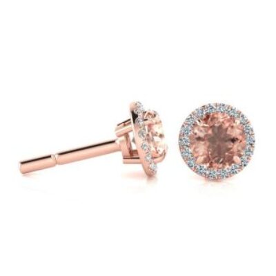 Morganite Earrings | Round Shape Morganite Earrings and Diamond Halo In 14 Karat Rose Gold