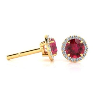 1 1/3 Carat Round Shape Ruby and Halo Diamond Earrings In 14 Karat Yellow Gold | SuperJeweler