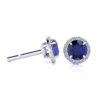 1 1/3 Carat Round Shape Sapphire and Halo Diamond Earrings In 14 Karat White Gold | SuperJeweler