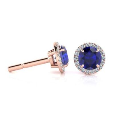 1 1/3 Carat Round Shape Sapphire and Halo Diamond Earrings In 14 Karat Rose Gold | SuperJeweler