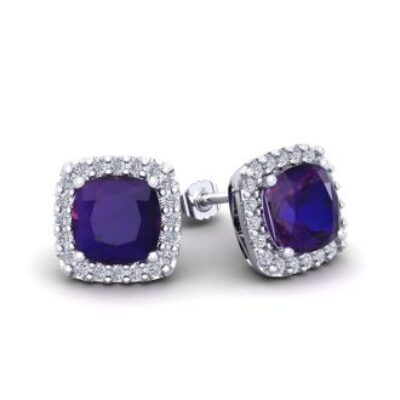 Amethyst Earrings | February Birthstone | 2 Carat Cushion Cut Amethyst and Halo Diamond Stud Earrings In 14 Karat White Gold