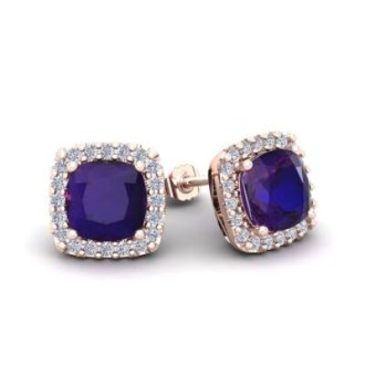 Amethyst Earrings | February Birthstone | 2 Carat Cushion Cut Amethyst and Halo Diamond Stud Earrings In 14 Karat Rose Gold