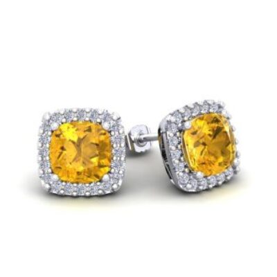 November Birthstone | Citrine Earrings | 2 Carat Cushion Cut Citrine and Halo Diamond Stud Earrings In 14 Karat White Gold