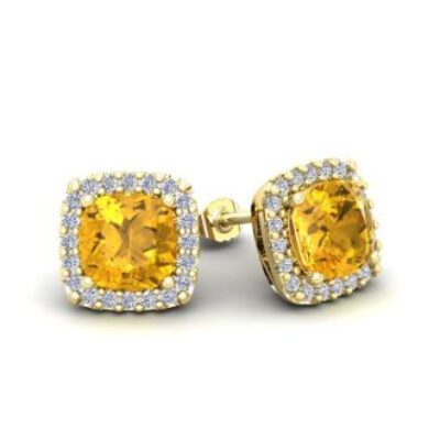 November Birthstone | Citrine Earrings | 2 Carat Cushion Cut Citrine and Halo Diamond Stud Earrings In 14 Karat Yellow Gold