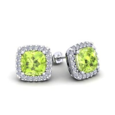 Peridot Earrings | August Birthstone | 2 1/3 Carat Cushion Cut Peridot and Halo Diamond Stud Earrings In 14 Karat White Gold