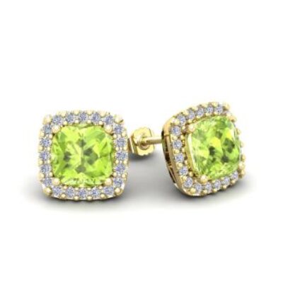 Peridot Earrings | August Birthstone | 2 1/3 Carat Cushion Cut Peridot and Halo Diamond Stud Earrings In 14 Karat Yellow Gold