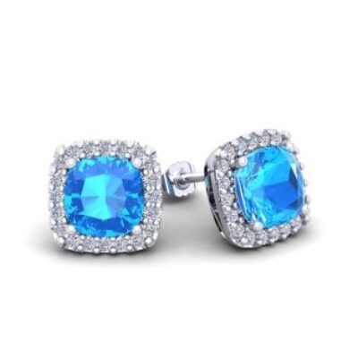 December Birthstone | Blue Topaz Earrings | 2 1/2 Carat Cushion Cut Blue Topaz and Halo Diamond Stud Earrings In 14 Karat White Gold