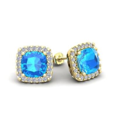 December Birthstone | Blue Topaz Earrings | 2 1/2 Carat Cushion Cut Blue Topaz and Halo Diamond Stud Earrings In 14 Karat Yellow Gold