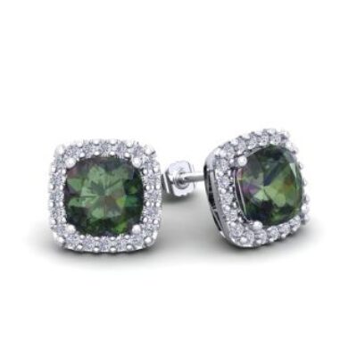 November Birthstone | Mystic Topaz Earrings | 2 1/2 Carat Cushion Cut Mystic Topaz and Halo Diamond Stud Earrings In 14 Karat White Gold