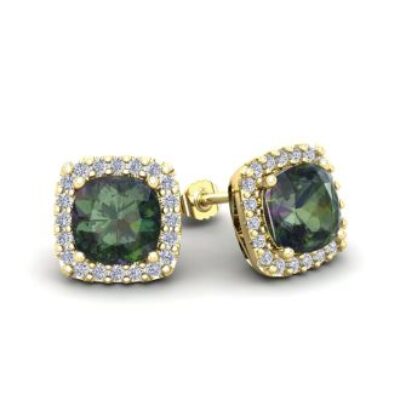 November Birthstone | Mystic Topaz Earrings | 2 1/2 Carat Cushion Cut Mystic Topaz and Halo Diamond Stud Earrings In 14 Karat Yellow Gold