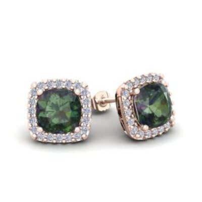 November Birthstone | Mystic Topaz Earrings | 2 1/2 Carat Cushion Cut Mystic Topaz and Halo Diamond Stud Earrings In 14 Karat Rose Gold