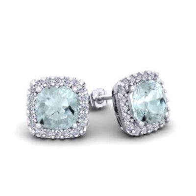 Aquamarine Earrings | March Birthstone | 1 1/2 Carat Cushion Cut Aquamarine and Halo Diamond Stud Earrings In 14 Karat White Gold