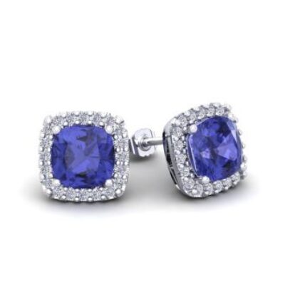 December Birthstone | Tanzanite Earrings | 2 1/4 Carat Cushion Cut Tanzanite and Halo Diamond Stud Earrings In 14 Karat White Gold