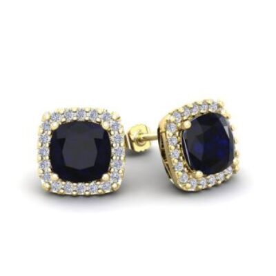 Sapphire Earrings | September Birthstone | 2 1/3 Carat Cushion Cut Sapphire and Halo Diamond Stud Earrings In 14 Karat Yellow Gold