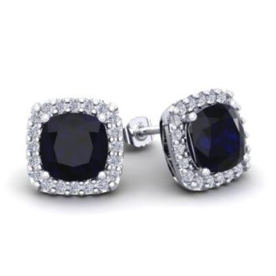 Sapphire Earrings | September Birthstone | 4 Carat Cushion Cut Sapphire and Halo Diamond Stud Earrings In 14 Karat White Gold