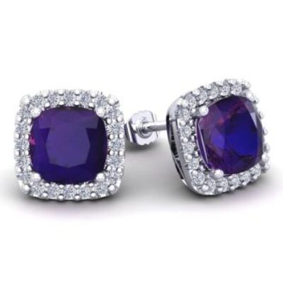 Amethyst Earrings | February Birthstone | 4 3/4 Carat Cushion Cut Amethyst and Halo Diamond Stud Earrings In 14 Karat White Gold | SuperJeweler