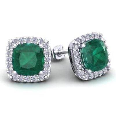 Emerald Earrings | May Birthstone | 4 3/4 Carat Cushion Cut Emerald and Halo Diamond Stud Earrings In 14 Karat White Gold | SuperJeweler