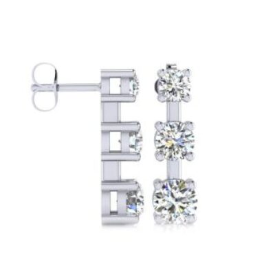 Diamond Drop Earrings | 1ct Three Diamond Drop Earrings In 14K White Gold