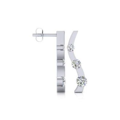 Diamond Drop Earrings | 1ct Three Diamond Curve Earrings In 14K White Gold