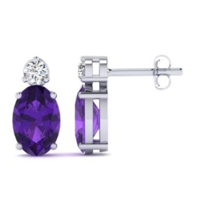 Amethyst Earrings | February Birthstone | 1 Carat Oval Amethyst and Diamond Stud Earrings In 14 Karat White Gold | SuperJeweler