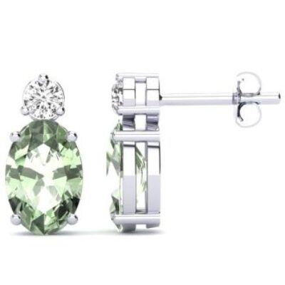 Green Amethyst Earrings | February Birthstone | 1 1/2 Carat Oval Green Amethyst and Diamond Stud Earrings In 14 Karat White Gold | SuperJeweler