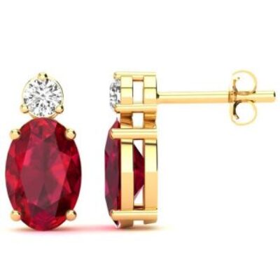 Ruby Earrings | July Birthstone | 2 Carat Oval Ruby and Diamond Stud Earrings In 14 Karat Yellow Gold | SuperJeweler