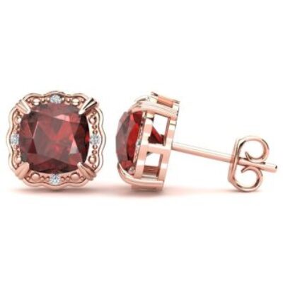 Garnet Earrings | January Birthstone | 2ct Cushion Cut Garnet and Diamond Earrings In Rose Gold