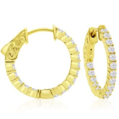 Diamond Hoop Earrings | 1 Carat Crystal Hoop Earrings In 14K Yellow Gold Over Sterling Silver, 3/4 Inch