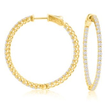 Diamond Hoop Earrings | 2 Carat Crystal Hoop Earrings In 14K Yellow Gold Over Sterling Silver, 1 1/2 Inches