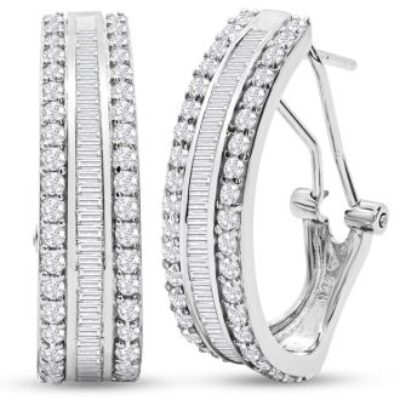 2 Carat Baguette and Round Colorless Diamond Hoop Earrings In Sterling Silver