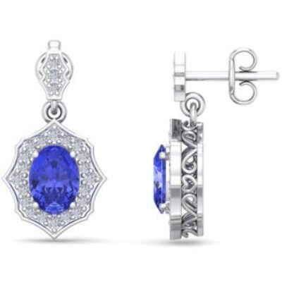 Tanzanite Earrings | December Birthstone | 2 1/5 Carat Oval Shape Tanzanite and Diamond Dangle Earrings In 14 Karat White Gold | SuperJeweler