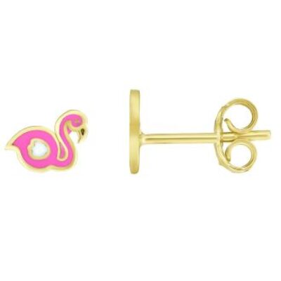 14 Karat Yellow Gold Kids Flamingo Stud Earrings | SuperJeweler