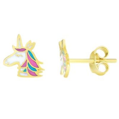 14 Karat Yellow Gold Kids Unicorn Stud Earrings | SuperJeweler