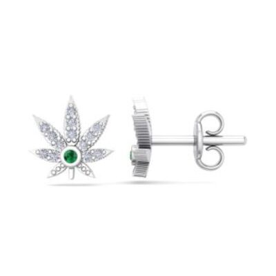 1/4 Carat Diamond and Emerald Weed Leaf Earrings In 14K White Gold | SuperJeweler
