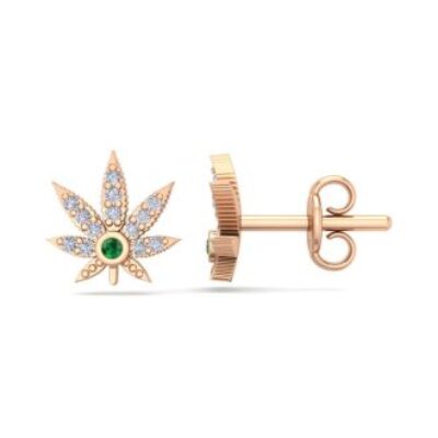 1/4 Carat Diamond and Emerald Weed Leaf Earrings In 14K Rose Gold | SuperJeweler