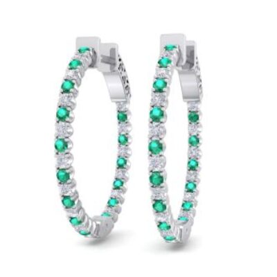 Emerald Earrings | May Birthstone | 1 Carat Emerald and Diamond Hoop Earrings In 14 Karat White Gold, 3/4 Inch | Superjeweler