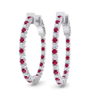 Ruby Earrings | July Birthstone | 1 Carat Ruby and Diamond Hoop Earrings In 14 Karat White Gold, 3/4 Inch | SuperJeweler