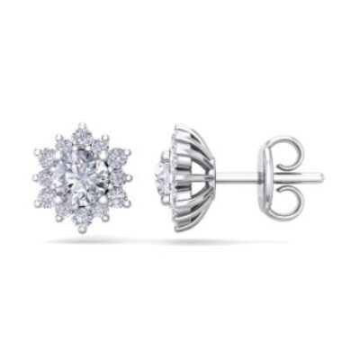 Moissanite Earrings | 1 Carat Round Shape Flower Halo Moissanite Stud Earrings In 14 Karat White Gold| Lowest Moissanite Earring Prices | SuperJeweler