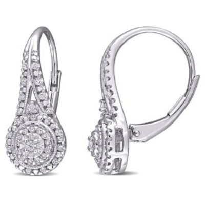 Diamond Drop Earrings | Nearly 1/2 Carat Diamond Hoop Double Halo Leverback Earrings, 3/4 Inch