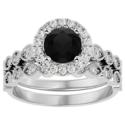 Black Diamond Rings | 1 1/2 Carat Halo Black Diamond Bridal Set