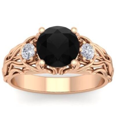 Black Diamond Rings | 2 1/4 Carat Round Shape Black Diamond Intricate Vine Engagement Ring