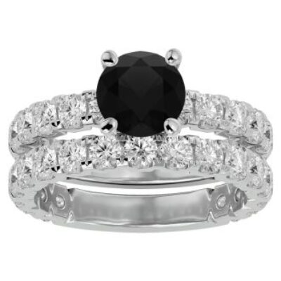 Black Diamond Rings | 4 Carat Round Black Diamond Bridal Set In 14 Karat White Gold