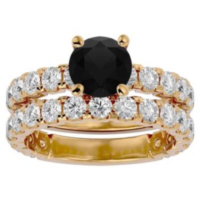 Black Diamond Rings | 4 Carat Round Black Diamond Bridal Set In 14 Karat Yellow Gold