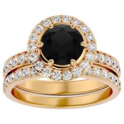 Black Diamond Rings | 2 1/2 Carat Diamond Halo Bridal Set In 14 Karat Yellow Gold