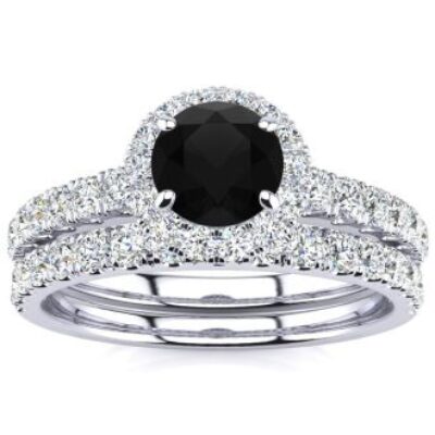 Black Diamond Rings | 1 Carat Round Black Diamond Halo Bridal Set In 14 Karat White Gold