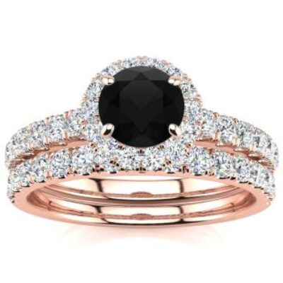 Black Diamond Rings | 1 Carat Round Black Diamond Halo Bridal Set In 14 Karat Yellow Gold