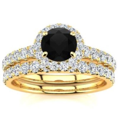 Black Diamond Rings | 1 Carat Round Black Diamond Halo Bridal Set In 14 Karat Rose Gold