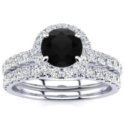 Black Diamond Rings | 1 1/2 Carat Round Diamond Halo Bridal Set In 14 Karat White Gold