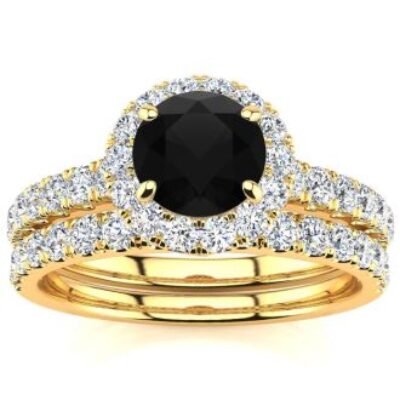 Black Diamond Rings | 1 1/2 Carat Round Diamond Halo Bridal Set In 14 Karat Yellow Gold