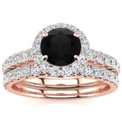 Black Diamond Rings | 1 1/2 Carat Round Diamond Halo Bridal Set In 14 Karat Rose Gold